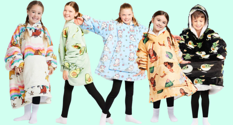 A montage of children wearing warm winter Oodies in various designs.