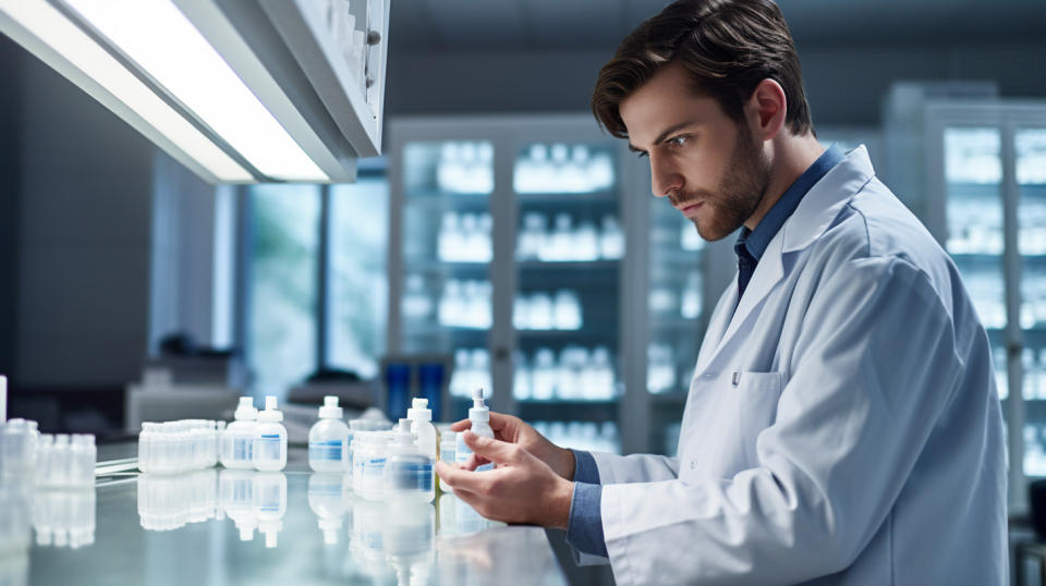 A pharmacist in their lab coat preparing a drug-free nasal spray for distribution.