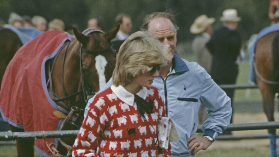 diana, princess of wales 1961 1997 with major ronald ferguson 1931 2003 at a polo match at smiths lawn, guards polo club, windsor, june 1983 diana is wearing a muir and osborne black sheep sweater photo by princess diana archivegetty images