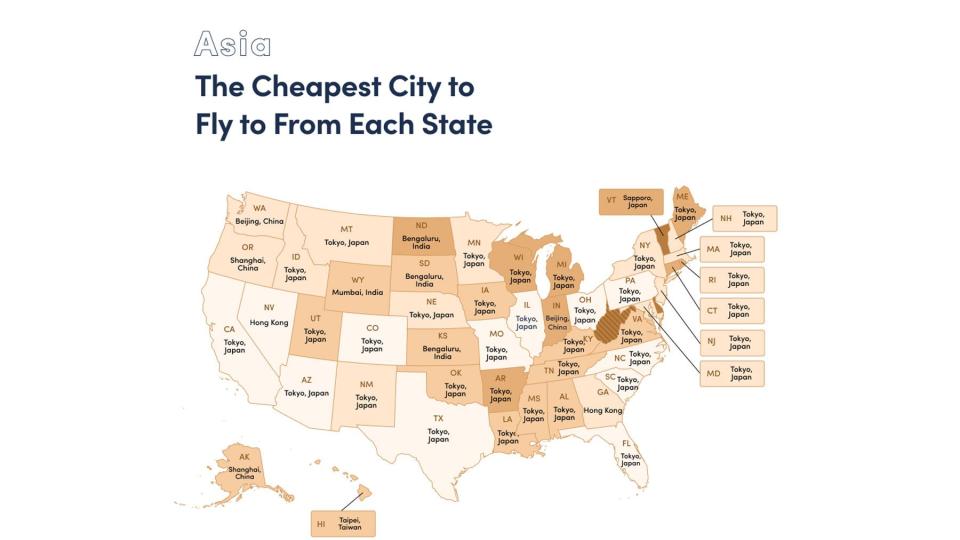 Map of U.S. Showing Cheapest Places to Fly from each state