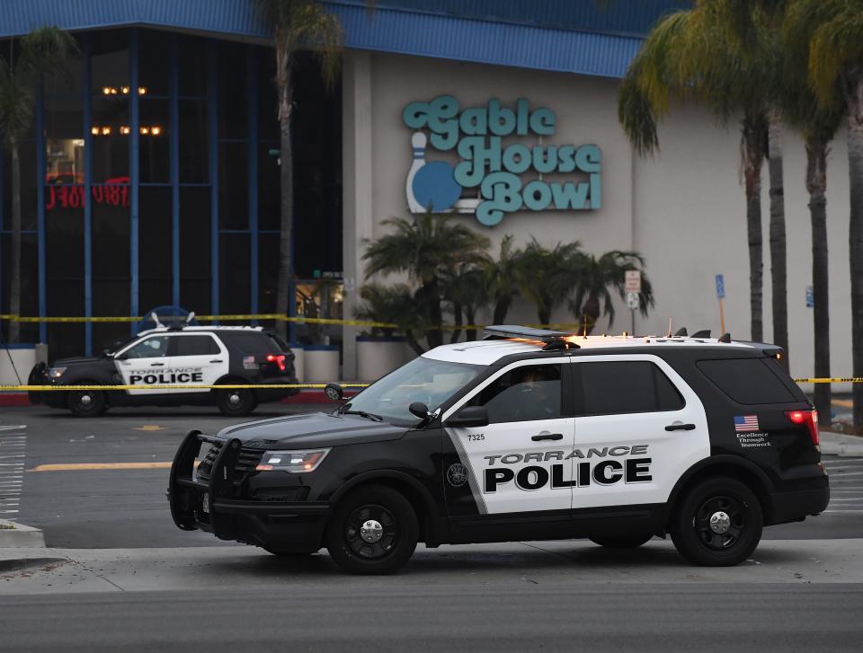 Police guard the Gable House Bowl center after three men were killed and four injured in a shooting at the bowling alley in Torrance, California, according to police, on Jan. 5, 2019. (Photo: Mark Ralston/AFP/Getty Images)