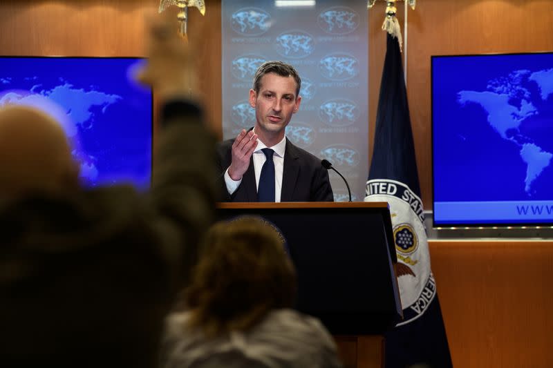 U.S. State Department spokesman Ned Price speaks at his first daily press briefing at the State Department in Washington