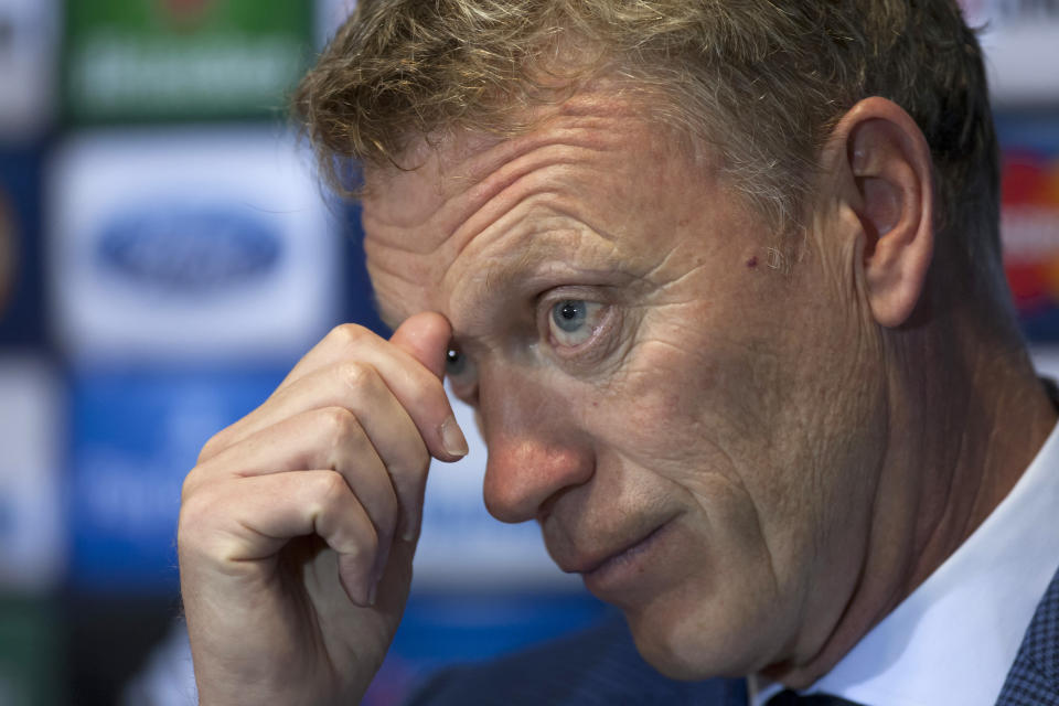 FILE - In this Sept. 16, 2013 file photo, Manchester United's manager David Moyes attends a news conference at Old Trafford Stadium, Manchester, England. Moyes was fired as Manchester United manager on Tuesday, April 22, 2014, paying the price for the club's spectacular and sudden decline in his 10 months in charge since replacing Alex Ferguson. (AP Photo/Jon Super, File)