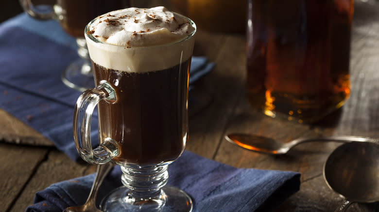 Irish coffee on blue napkin