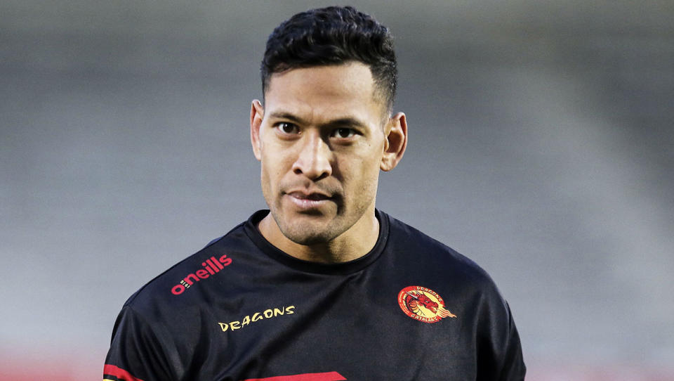 Israel Folau staring ahead during training with the Catalans Dragons.