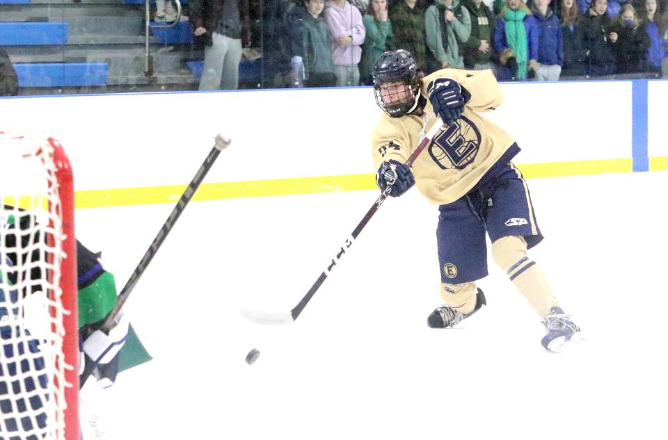 Essex senior Hayden King scores the game's second goal on this shot during the Hornets 4-1 win over Colchester Wednesday night at EHS.