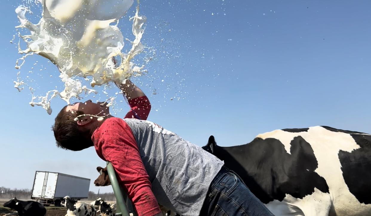 Blake Hansen recreates a scene — dairy-farm style — from the '80s blockbuster film "Flashdance."