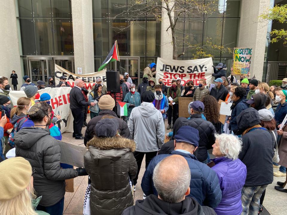 Metro Detroit Jewish people protest Israel's bombardment of Gaza outside Sen. Gary Peters' offices in downtown Detroit.