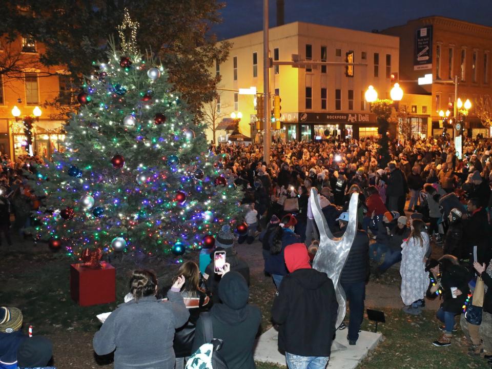 The first of three tree lightings at Stroll on State draws on Saturday, Nov. 27, 2021, downtown Rockford.