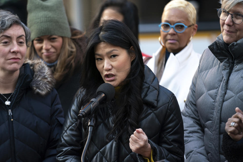 Evelyn Yang speaks at a press conference on the Adult Survivors Act, Friday, Nov. 18, 2022, in New York. Sexual assault victims in New York will get a one-time opportunity to sue their abusers starting Thursday under a new law expected to bring a wave of litigation against prison guards, middle managers, doctors and a few prominent figures including former President Donald Trump. (AP Photo/Julia Nikhinson)