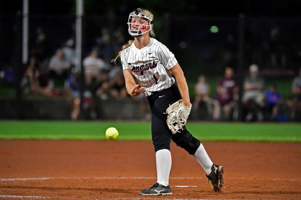 Holy Cross' Riley Wilkins (1) pitches in to the Mercy side during action of their Sixth Region Championship softball game, Monday, May 30 2022 in Louisville Ky. Holy Cross won 4-1, and will now play for the state championship.