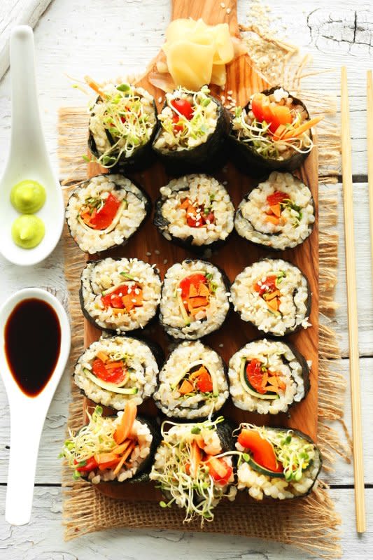 <p>Minimalist Baker</p><p>Easy, 10-ingredient sushi with sticky brown rice and vegetables. Hearty, healthy and delicious.</p><p><strong>Get the recipe: <a href="https://minimalistbaker.com/veggie-brown-rice-sushi/" rel="nofollow noopener" target="_blank" data-ylk="slk:Veggie Brown Rice Sushi;elm:context_link;itc:0;sec:content-canvas" class="link rapid-noclick-resp">Veggie Brown Rice Sushi</a></strong></p>