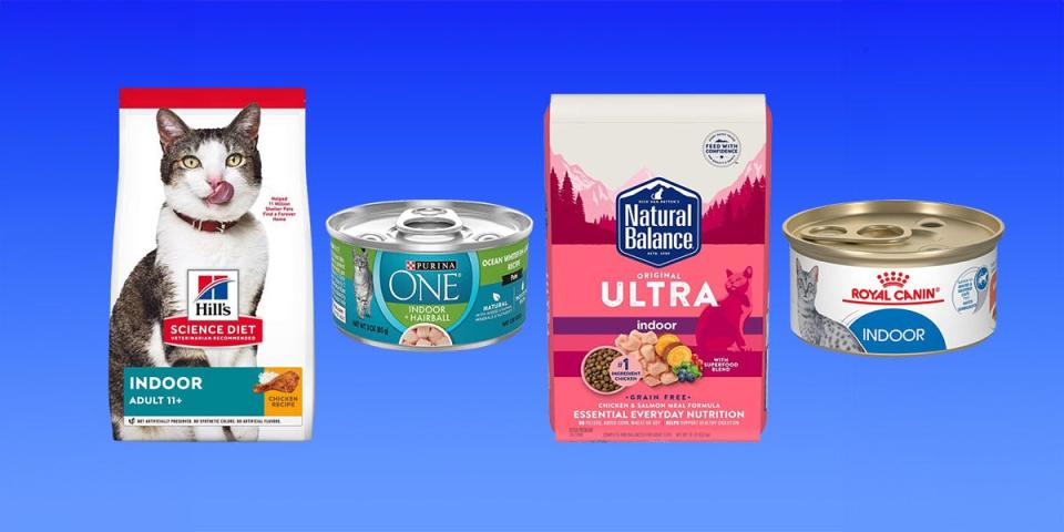 A collage of four different pet foods on a blue gradient background.