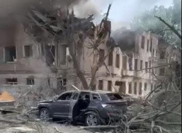 An image from video shared on Twitter by Ukrainian President Volodymyr Zelenskyy shows damage from what he said was a deadly Russian missile strike on a clinic in the southeast city of Dnipro, May 26, 2023.   / Credit: Twitter/Volodymr Zelenskyy