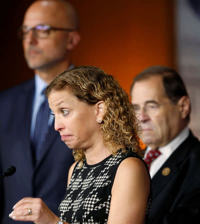 (L-R) U.S. House Democrats Ted Deutch (D-FL), Debbie Wasserman Schultz (D-FL), and Jerrold Nadler (D-NY) hold a news conference to ask the Justice Department to investigate the Trump Foundation's donations to Florida Attorney General Pam Bondi in Washington, U.S., September 14, 2016. REUTERS/Gary Cameron