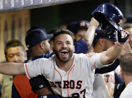 Houston Astros' star Jose Altuve celebrates a key moment in his team's huge comeback win against the Angels. (AP)