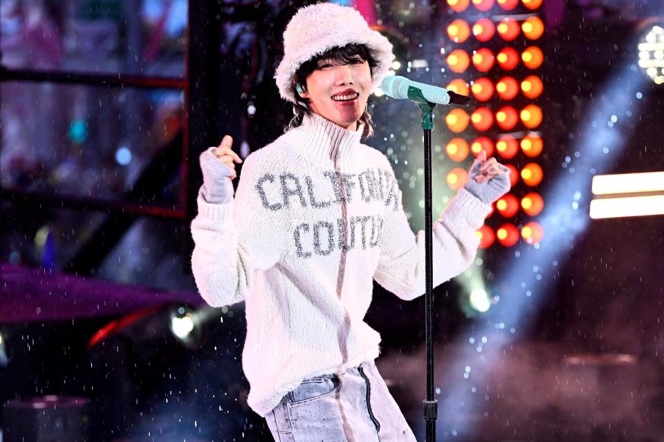 J-Hope performs on stage during the Times Square New Year's Eve 2023 Celebration on December 31, 2022 in New York City.