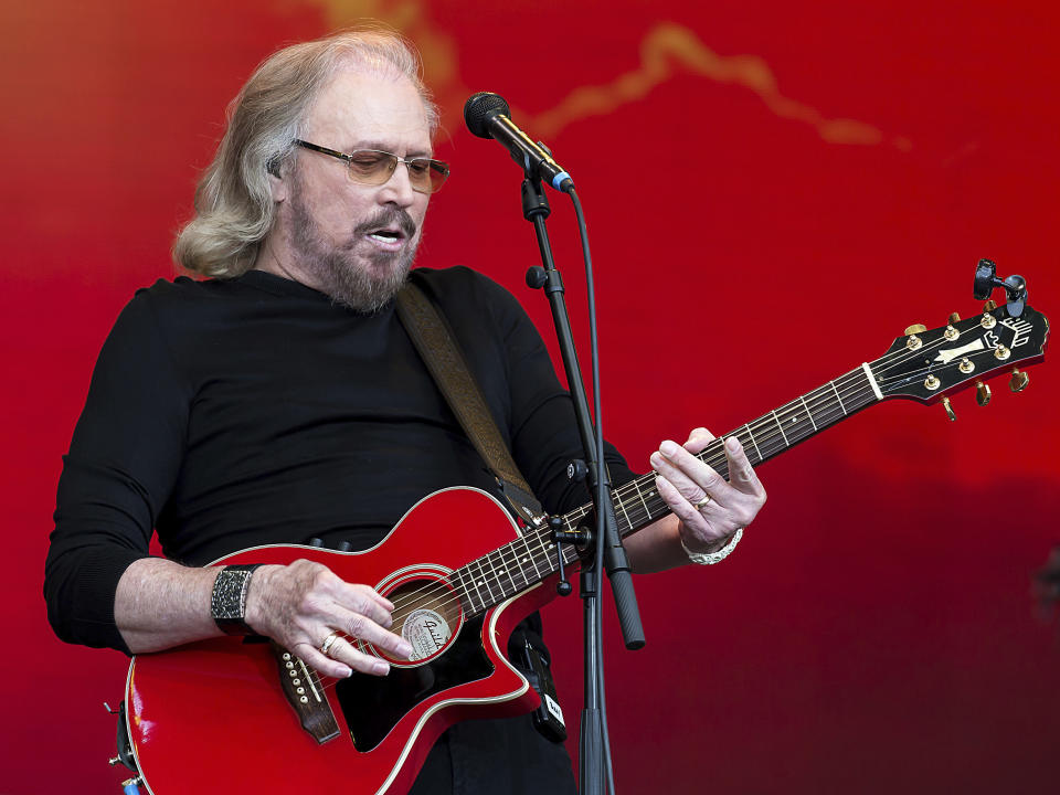 FILE - Singer Barry Gibb performs at the Glastonbury Festival at Worthy Farm, in Somerset, England, on June 25, 2017. (Photo by Grant Pollard/Invision/AP, File)