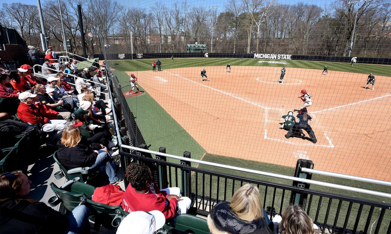 Indiana University freshman Aly VanBrandt, former player for the Whiteford Bobcats at the plate at MSU had VanBrandt fans there from home as she singles at MSU Saturday, April 6, 2024.