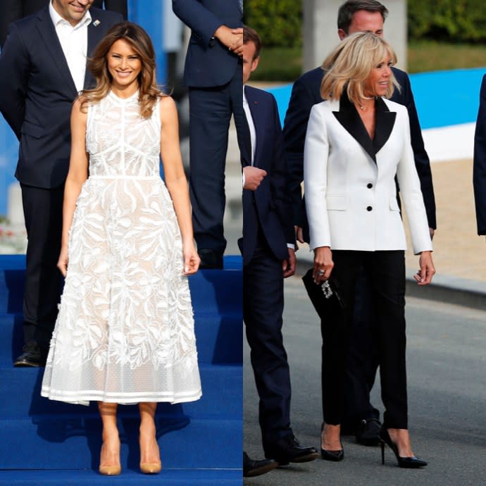 The First Ladies, Brigitte Macron and Melania Trump, stepped out in differing pieces that incorporated the color of unity.