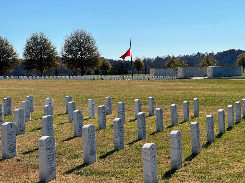A view of some of the headstones for fallen veterans and the grounds at the East TN Veterans Cemetery on November 29, 2023.