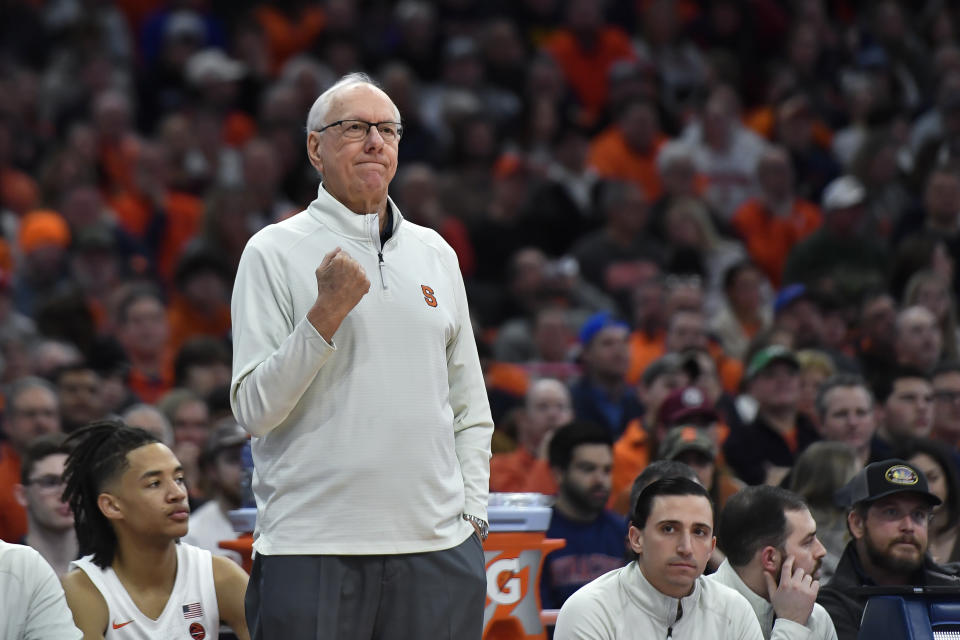Syracuse coach Jim Boeheim watches during the first half of the team's NCAA college basketball game against Notre Dame in Syracuse, N.Y., Saturday, Jan. 14, 2023. (AP Photo/Adrian Kraus)