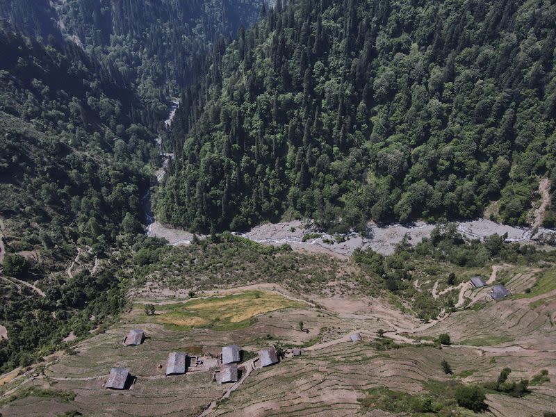 A drone view shows houses in Almi, the village hosting a remote polling station, in Himachal Pradesh