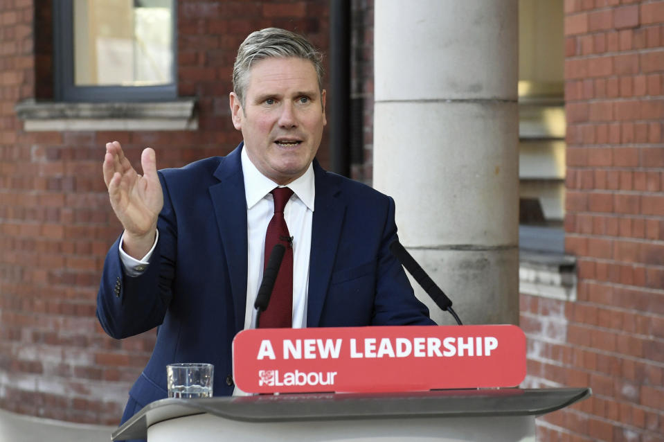 FILE - In this Tuesday, Sept. 22, 2020 file photo, Britain's Labour leader Keir Starmer delivers his keynote speech, during the party's online conference from the Danum Gallery, Library and Museum in Doncaster, England. Britain’s equalities watchdog said Thursday, Oct. 29, 2020 that officials in the country’s main opposition Labour Party failed to stamp out anti-Semitism and committed “unlawful acts of harassment and discrimination” against the Jewish community. Jeremy Corbyn's successor Keir Starmer has vowed to stamp out prejudice and restore relations between the party and the Jewish community. (Stefan Rousseau/Pool Photo via AP, file)