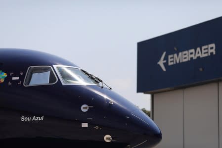 E2-195 plane with Brazil's No. 3 airline Azul SA logo is seen during a launch event in Sao Jose dos Campos