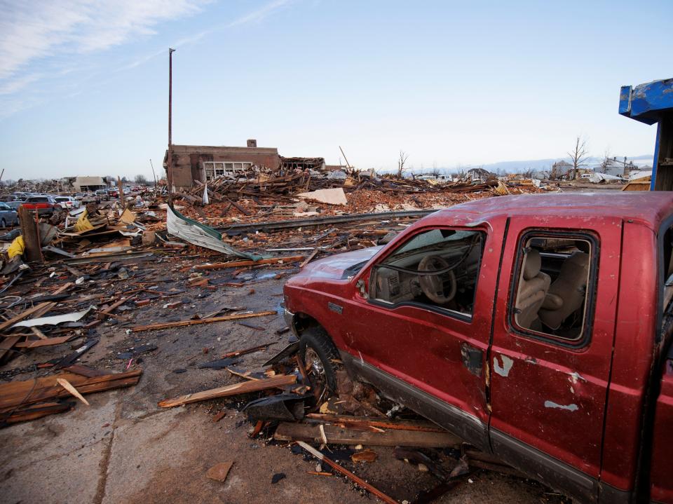 Heavy damage is seen downtown after a tornado swept through the area on December 11, 2021 in Mayfield, Kentucky (Getty Images)