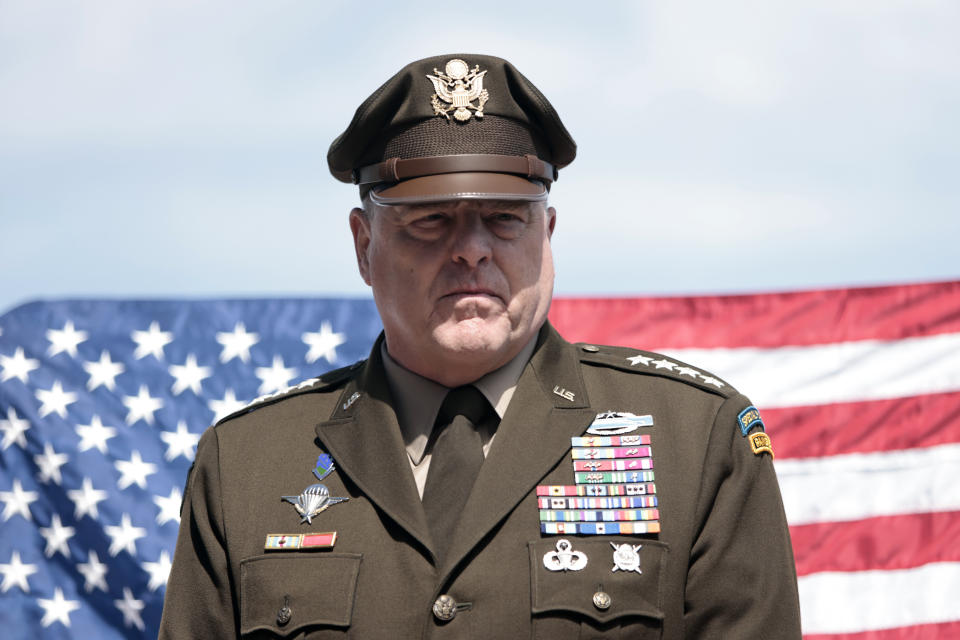 Army Gen. Mark Milley, chairman of the Joint Chiefs of Staff, attends an interview with the Associated Press at the American Cemetery of Colleville-sur-Mer, overlooking Omaha Beach, Monday, June, 6, 2022. Army Gen. Mark Milley, said that the United States and the Allied countries must "continue" to provide significant support to Ukraine out of respect for D-Day soldiers' legacy, as commemorations of the June 6, 1944 landings were being held Monday in Normandy. (AP Photo/ Jeremias Gonzalez)