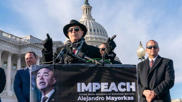 PHOTO: Rep. Andy Biggs speaks about impeaching Homeland Security Secretary Alejandro Mayorkas, accompanied by Rep. Eric Burlison, left, and Rep. Bob Good, during a news conference on Capitol Hill, Feb. 1, 2023, in Washington. (Alex Brandon/AP)