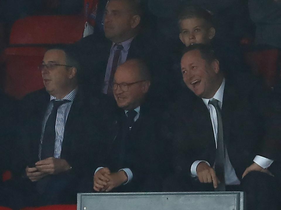 Mike Ashley (R) watched a Newcastle side devoid of attacking ambition: Getty