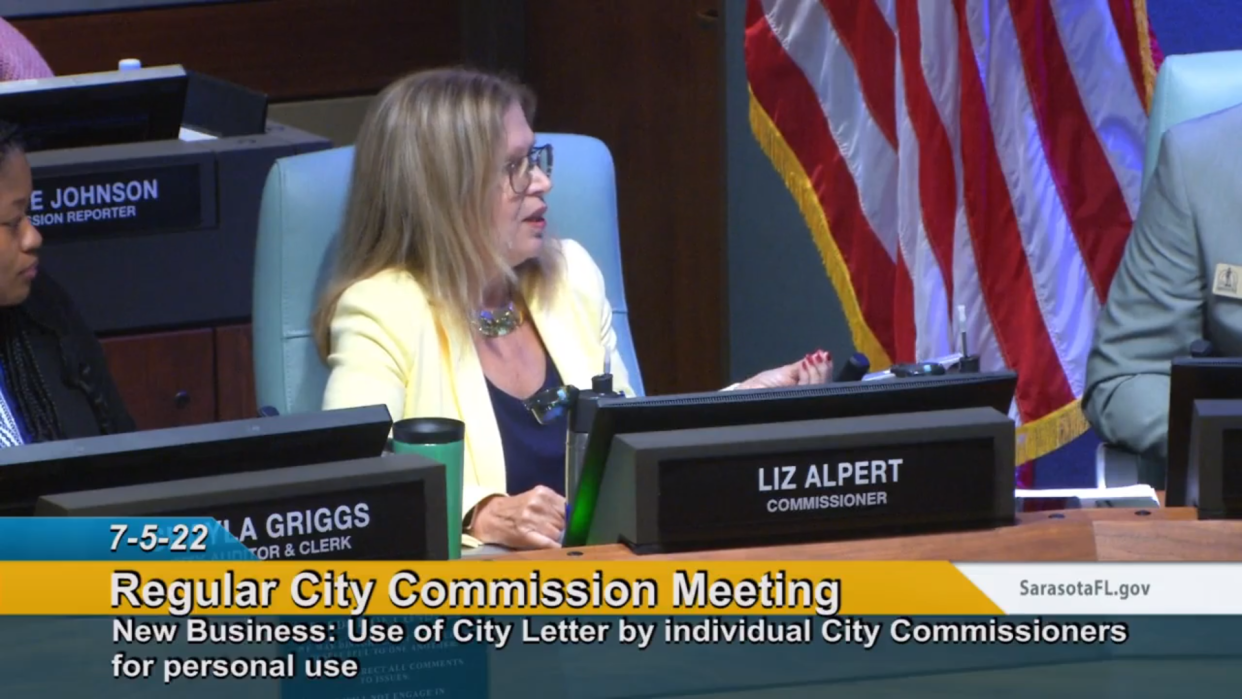 Commissioner Liz Alpert shares her thoughts on city letterhead at Tuesday's City Commission meeting.