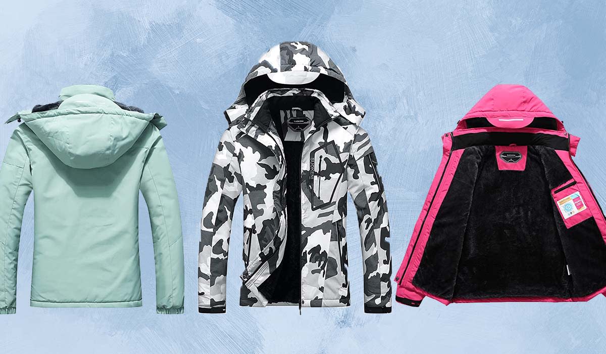 Teal, white and black camouflage and pink ski jacket.