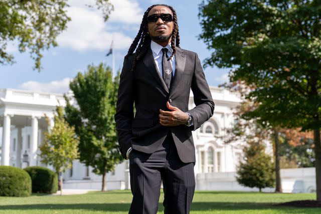 <p>Stephanie Scarbrough/AP</p> Quavo poses for a portrait at the White House in Washington on Sept. 20, 2023.