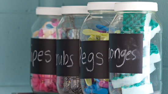 Stick it on! Self-adhesive chalkboard film turns containers into easily labelled storage to hold all your laundry needs.