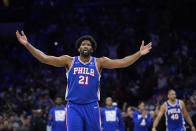 Philadelphia 76ers' Joel Embiid reacts during the first half of Game 6 in an NBA basketball first-round playoff series against the New York Knicks, Thursday, May 2, 2024, in Philadelphia. (AP Photo/Matt Slocum)