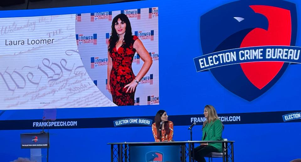 Laura Loomer, who ran two unsuccessful campaigns for a Florida Congressional seat, speaks with Emerald Robinson, correspondent on Lindell TV at the Election Crime Bureau Summit in Springfield on Aug. 16, 2023.