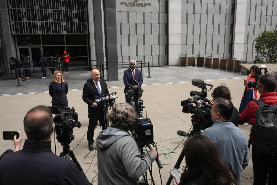 Sergio Lopez, acting assistant agent in charge of the FBI, speaks to reporters after the sentencing of David DePape in federal court Friday, May 17, 2024, in San Francisco. DePape was found guilty last November of attempted kidnapping of a federal official and assault on Paul Pelosi, husband of former U.S. House Speaker Nancy Pelosi. (AP Photo/Godofredo A. Vásquez)