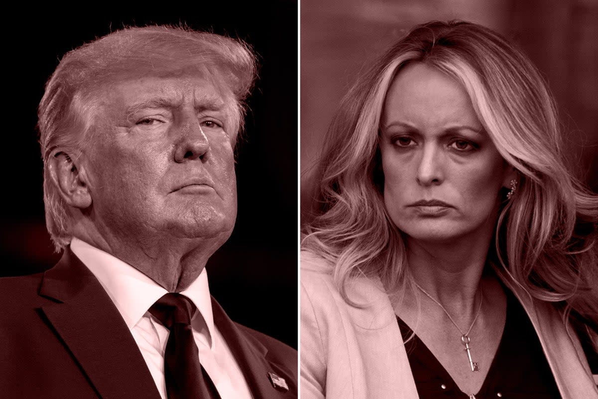 Donald Trump (left) is on trial over hush money payments made to Stormy Daniels (right)   (Getty)