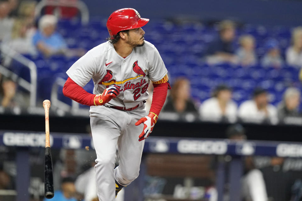 St. Louis Cardinals' Nolan Arenado runs after hitting a single during the second inning of a baseball game against the Miami Marlins, Thursday, April 21, 2022, in Miami. (AP Photo/Lynne Sladky)