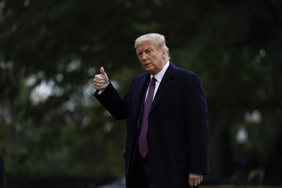 President Donald Trump walks from Marine One to the White House in Washington, Thursday, Oct. 1, 2020, as he returns from Bedminster, N.J. (AP Photo/Carolyn Kaster)