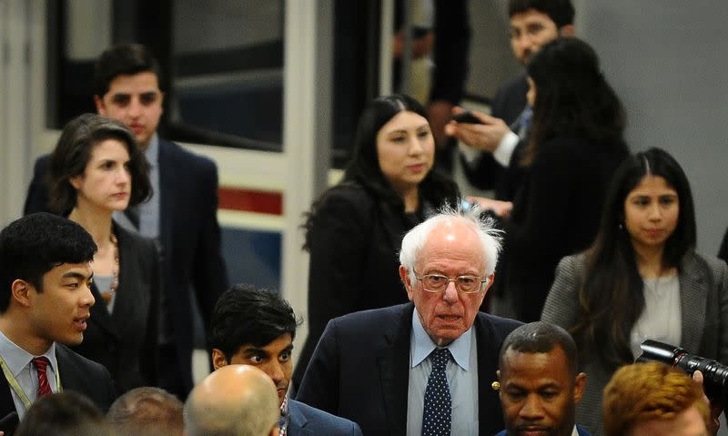 Democratic U.S. presidential candidate Sen. Bernie Sanders (D-VT) walks through the Senate subway on his way to the Senate impeachment trial of President Donald Trump in Washington