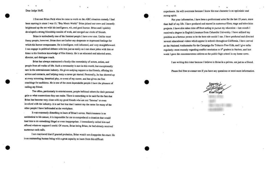 Rider Strong's letter to the judge in support of Brian Peck.