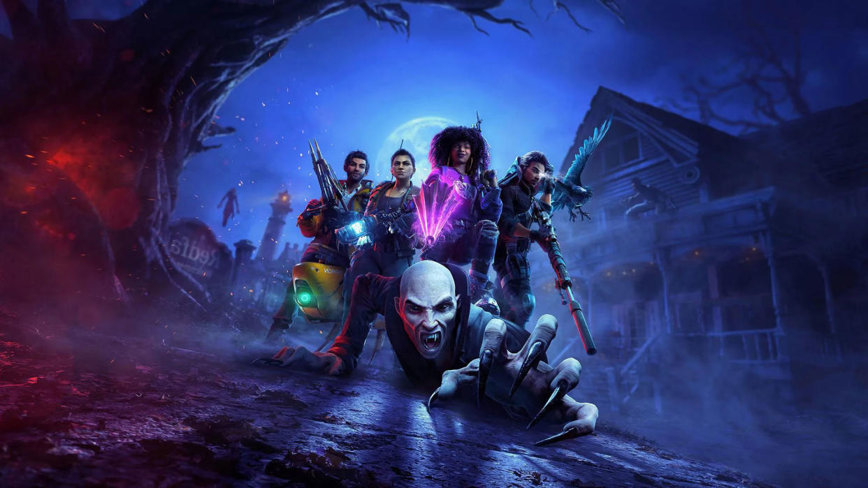  Redfall's key art featuring a vampire being towered over by four armed characters 