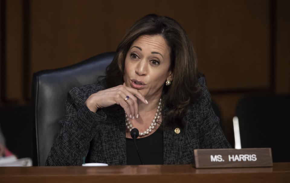 Harris questions Gina Haspel, Trump's pick to lead the Central Intelligence Agency, during her confirmation hearing before the Senate Intelligence Committee, on Capitol Hill in Washington, Wednesday, May 9, 2018. (J. Scott Applewhite/AP)