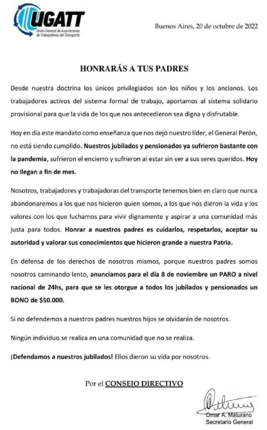 UGATT ratificó el reclamo que plantea desde el 20 de octubre.