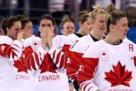 <p>Players from Team Canada react after being defeated by Team United States 3-2 in the overtime penalty-shot shootout during the Women’s Gold Medal Game on day thirteen of the PyeongChang 2018 Winter Olympic Games at Gangneung Hockey Centre on February 22, 2018 in Gangneung, South Korea. (Photo by Jamie Squire/Getty Images) </p>