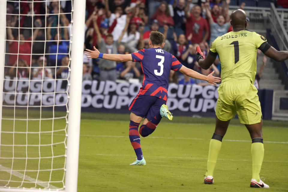 United States defender Sam Vines (3) celebrates after scoring a goal during the first half of a CONCACAF Gold Cup soccer match against Haiti, Sunday, July 11, 2021, in Kansas City, Kan. (AP Photo/Charlie Riedel)